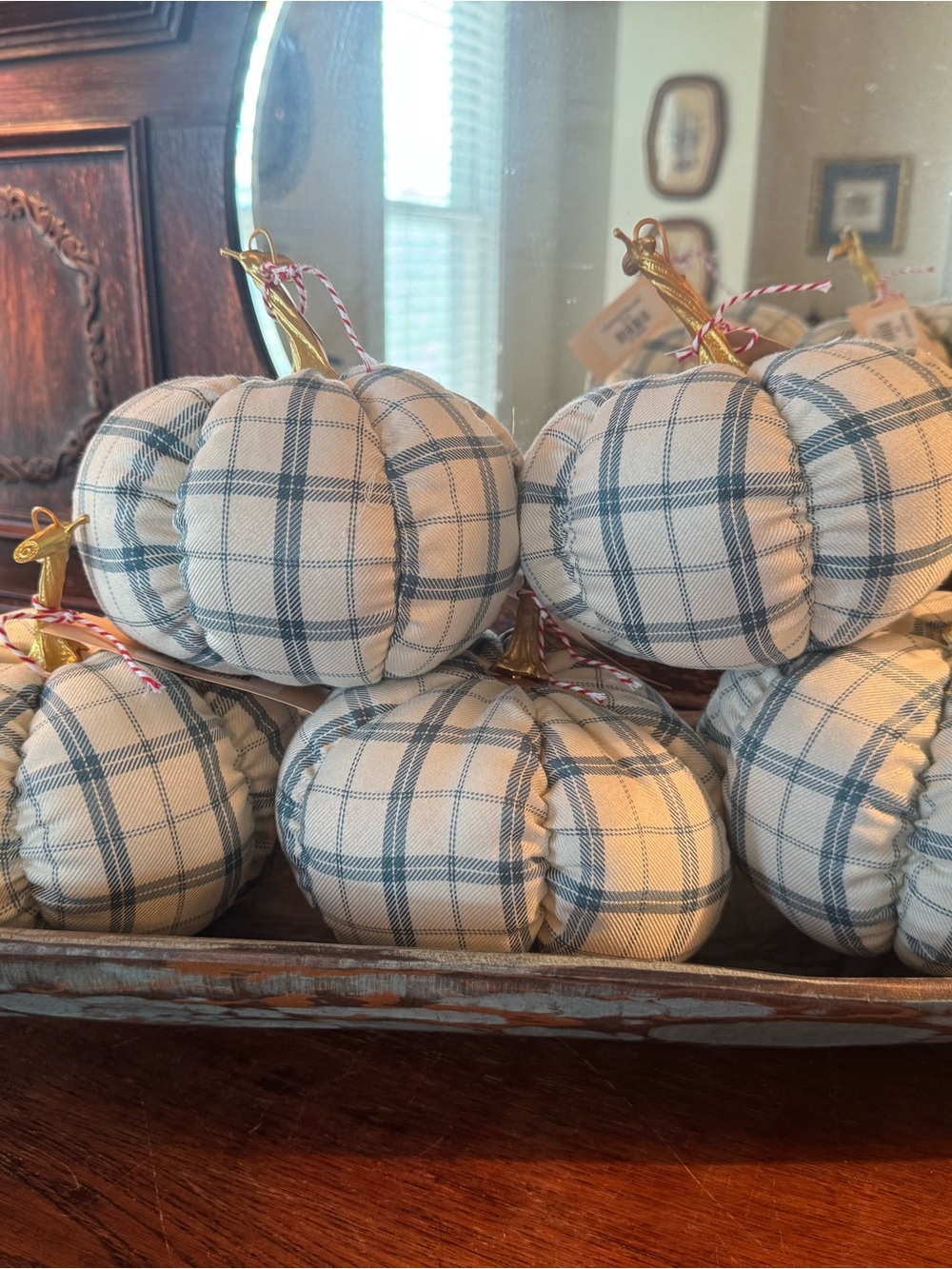 Plaid Fabric Pumpkin Ornaments - Cream & Blue - Home Holiday